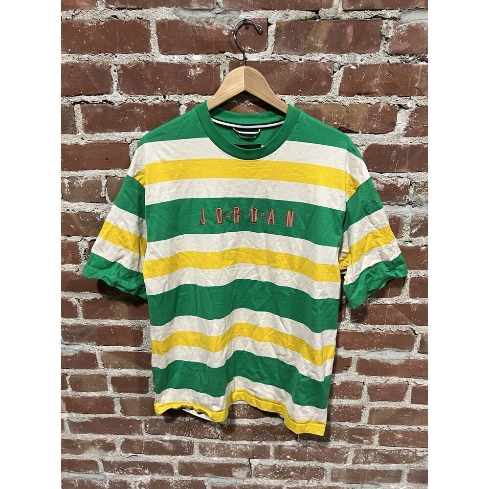 Air JORDAN Men’s M Green/Yellow Striped Standard Fit Short Sleeves Tee Cotton